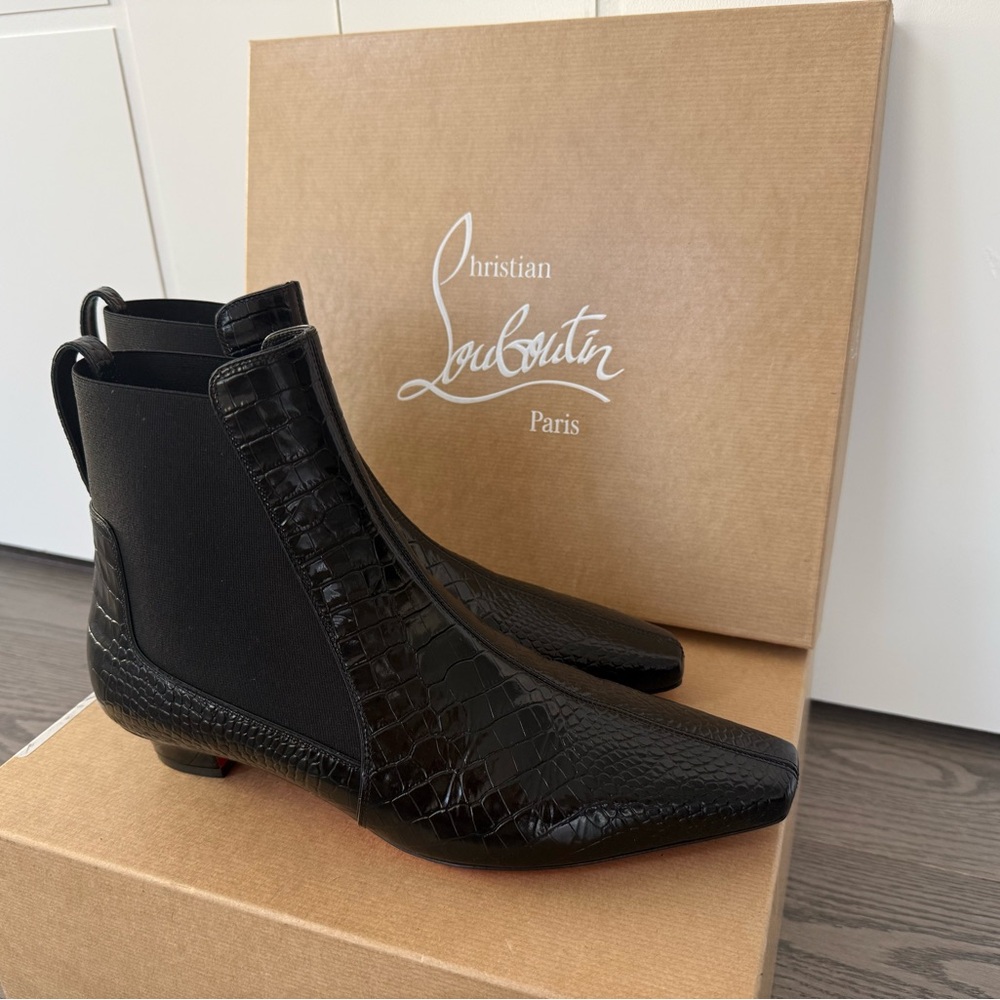 Christian Louboutin Black Croc-Pattern Ankle Boots
